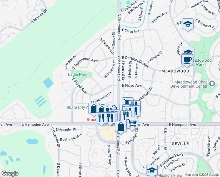 map of restaurants, bars, coffee shops, grocery stores, and more near 15198 East Floyd Avenue in Aurora