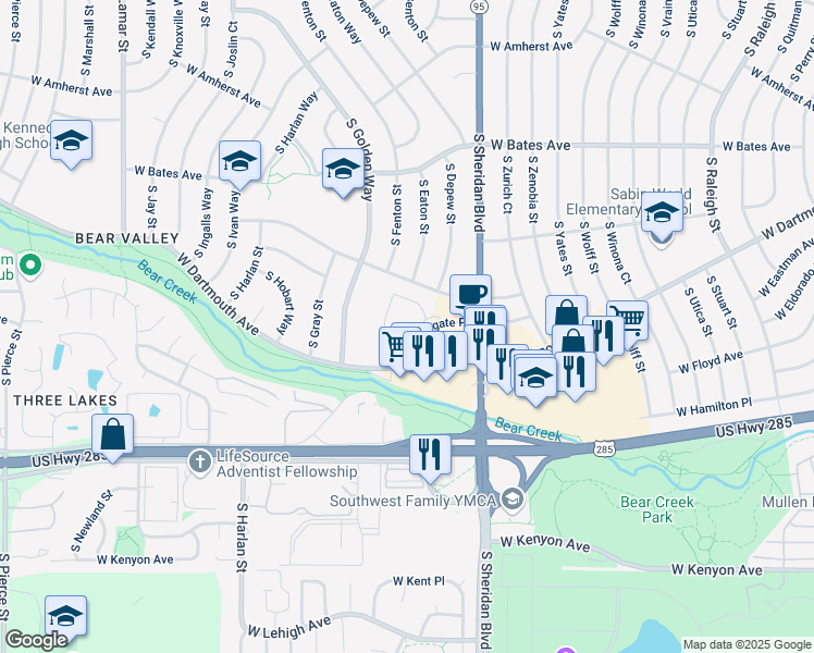 map of restaurants, bars, coffee shops, grocery stores, and more near 5775 West Dartmouth Avenue in Denver