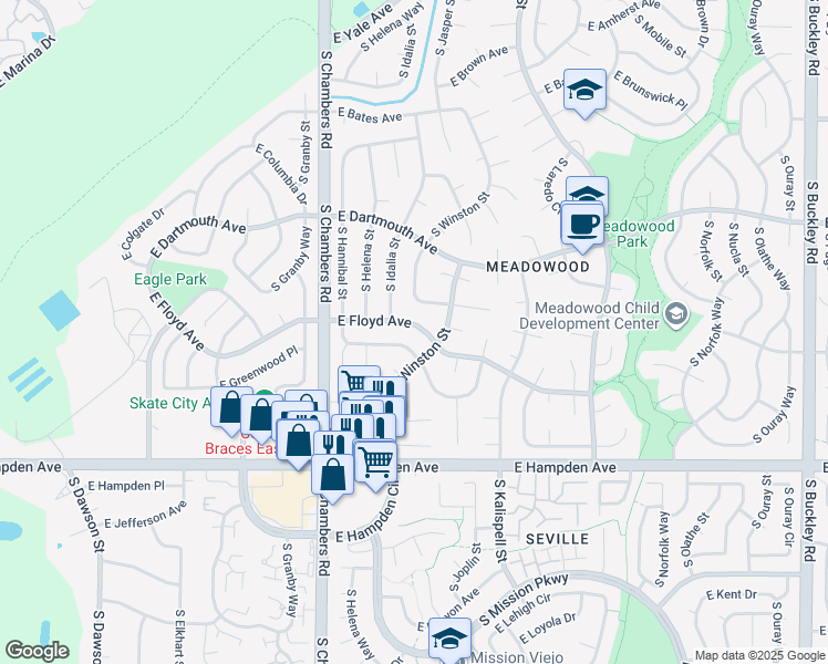 map of restaurants, bars, coffee shops, grocery stores, and more near 15636 E Floyd Ave in Aurora
