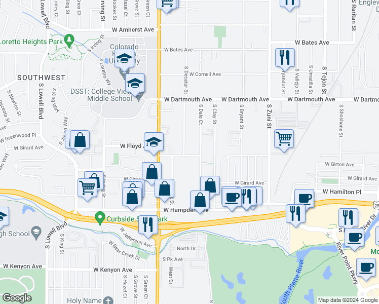 map of restaurants, bars, coffee shops, grocery stores, and more near 2751 West Floyd Avenue in Englewood