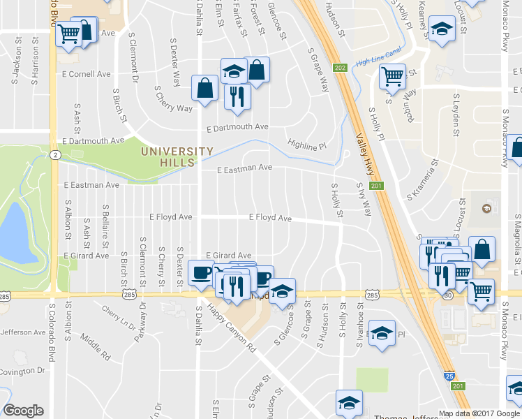 map of restaurants, bars, coffee shops, grocery stores, and more near 3288 South Fairfax Street in Denver