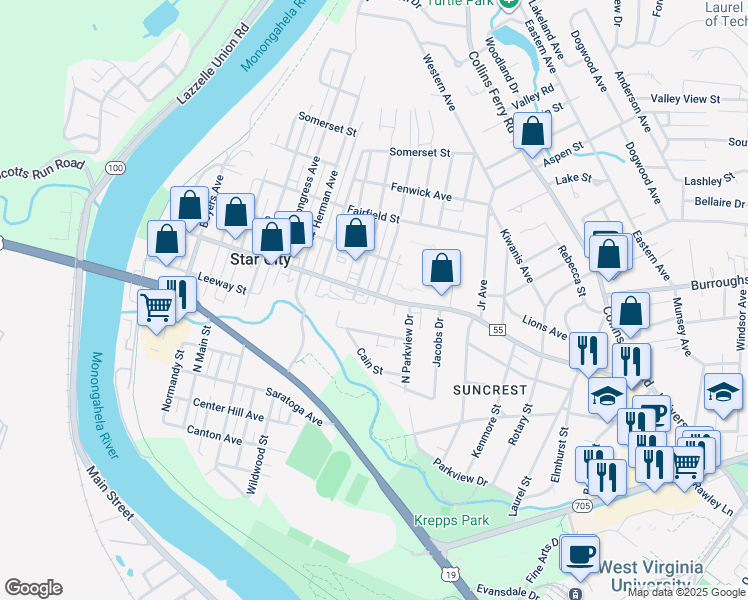 map of restaurants, bars, coffee shops, grocery stores, and more near 3373 University Avenue in Morgantown