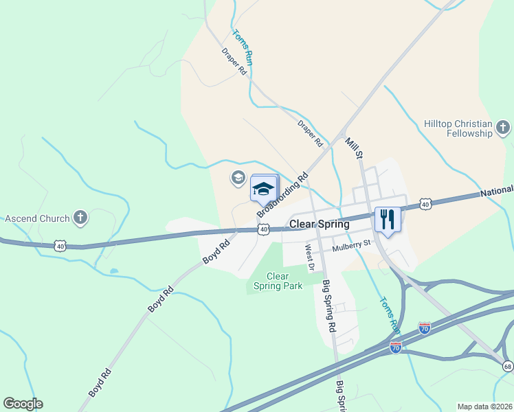 map of restaurants, bars, coffee shops, grocery stores, and more near 12624 Broadfording Road in Clear Spring