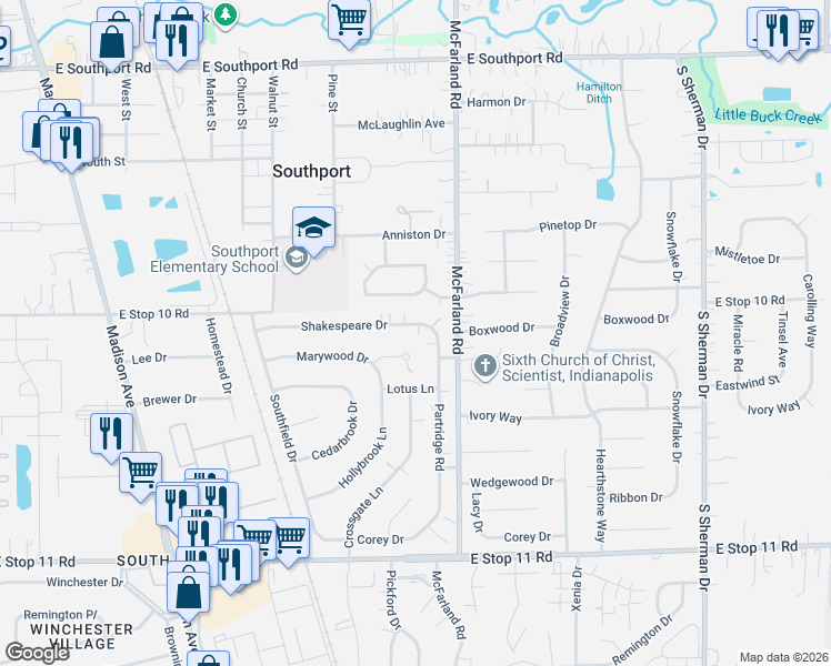 map of restaurants, bars, coffee shops, grocery stores, and more near 7536 Partridge Road in Southport