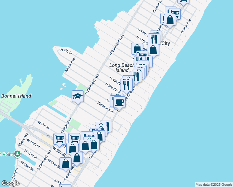 map of restaurants, bars, coffee shops, grocery stores, and more near 213 North Central Avenue in Surf City