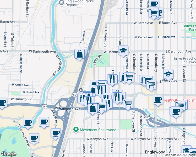 map of restaurants, bars, coffee shops, grocery stores, and more near 3287 South Huron Street in Englewood