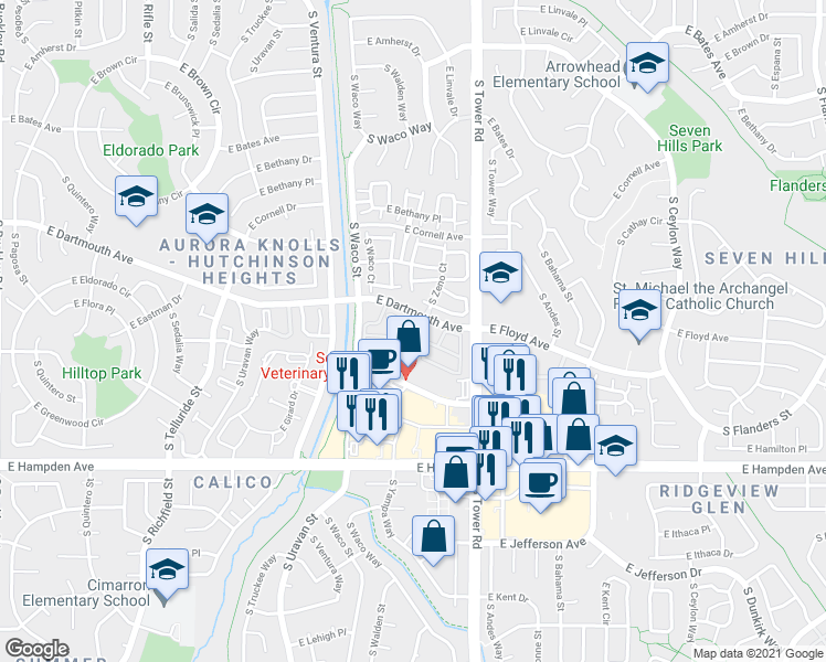 map of restaurants, bars, coffee shops, grocery stores, and more near 3246 South Yampa Street in Aurora