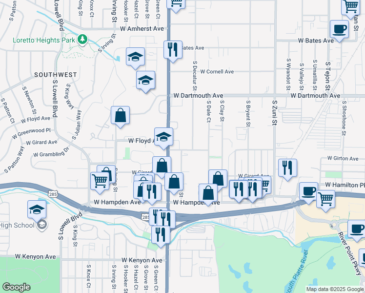 map of restaurants, bars, coffee shops, grocery stores, and more near 2885 West Floyd Avenue in Denver