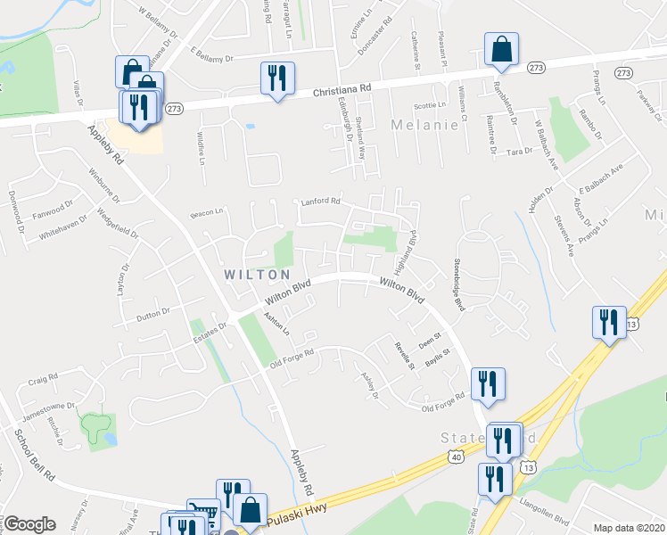 map of restaurants, bars, coffee shops, grocery stores, and more near 20 Clinton Court in New Castle