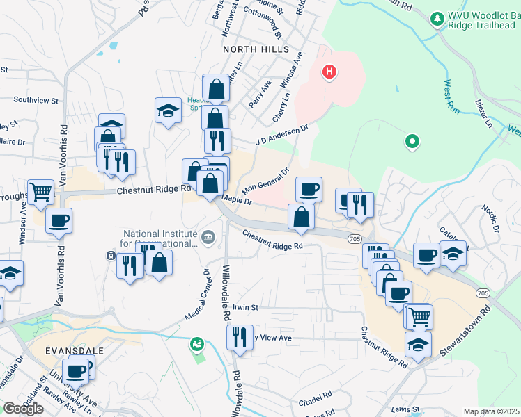 map of restaurants, bars, coffee shops, grocery stores, and more near 980 Maple Drive in Morgantown