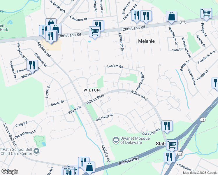 map of restaurants, bars, coffee shops, grocery stores, and more near 6 Darien Court in New Castle