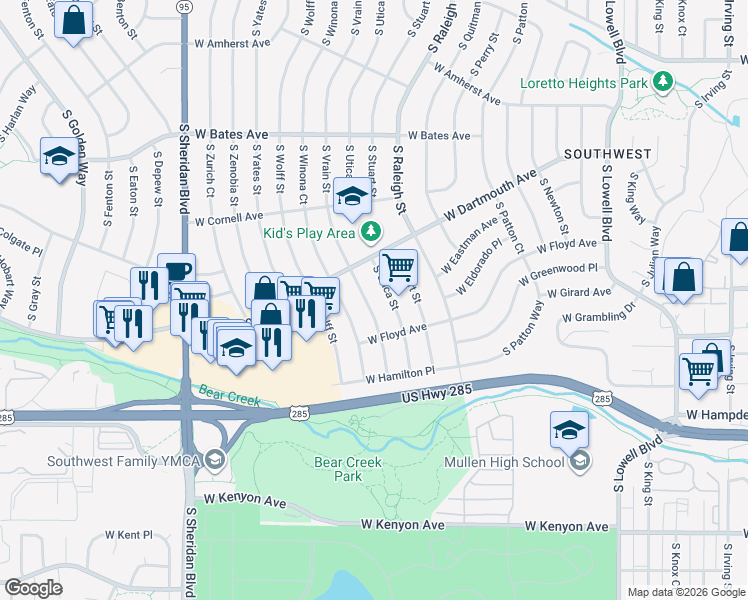 map of restaurants, bars, coffee shops, grocery stores, and more near 3196 South Vrain Street in Denver