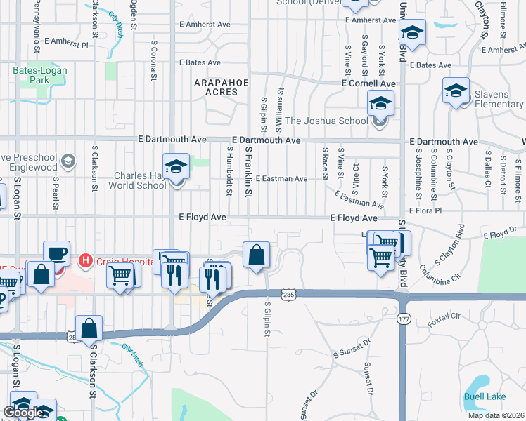 map of restaurants, bars, coffee shops, grocery stores, and more near 3290 South Franklin Street in Englewood