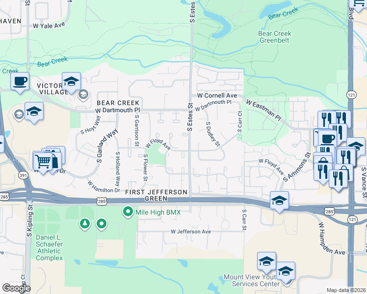 map of restaurants, bars, coffee shops, grocery stores, and more near 3289 South Estes Street in Lakewood