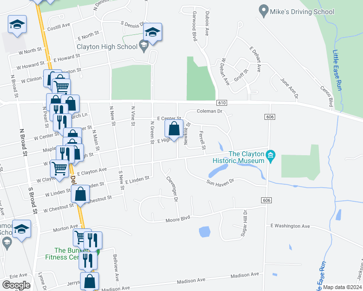 map of restaurants, bars, coffee shops, grocery stores, and more near 7 Newkirk Street in Clayton