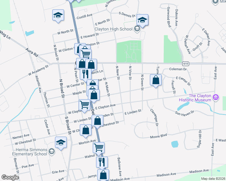 map of restaurants, bars, coffee shops, grocery stores, and more near 117 North Main Street in Clayton