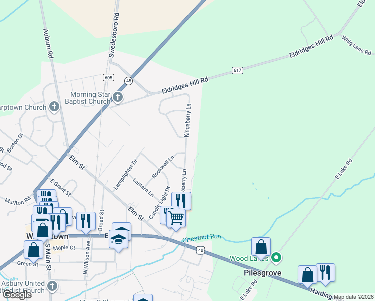 map of restaurants, bars, coffee shops, grocery stores, and more near 24 Rockwell Lane in Woodstown