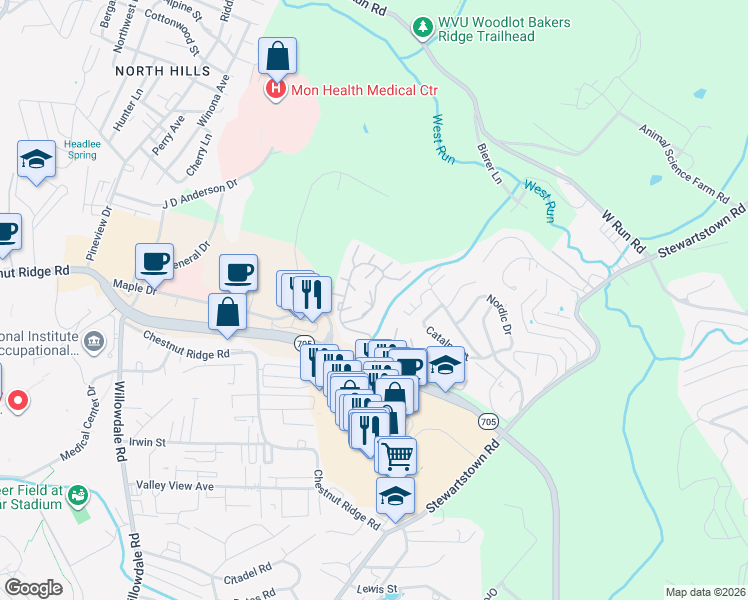 map of restaurants, bars, coffee shops, grocery stores, and more near 2524 Suncrest Village in Morgantown