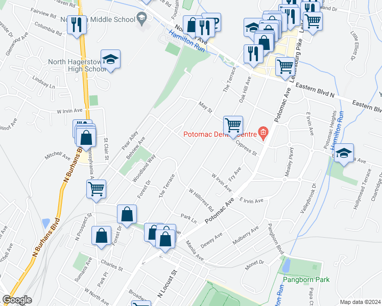 map of restaurants, bars, coffee shops, grocery stores, and more near 1042 The Terrace in Hagerstown