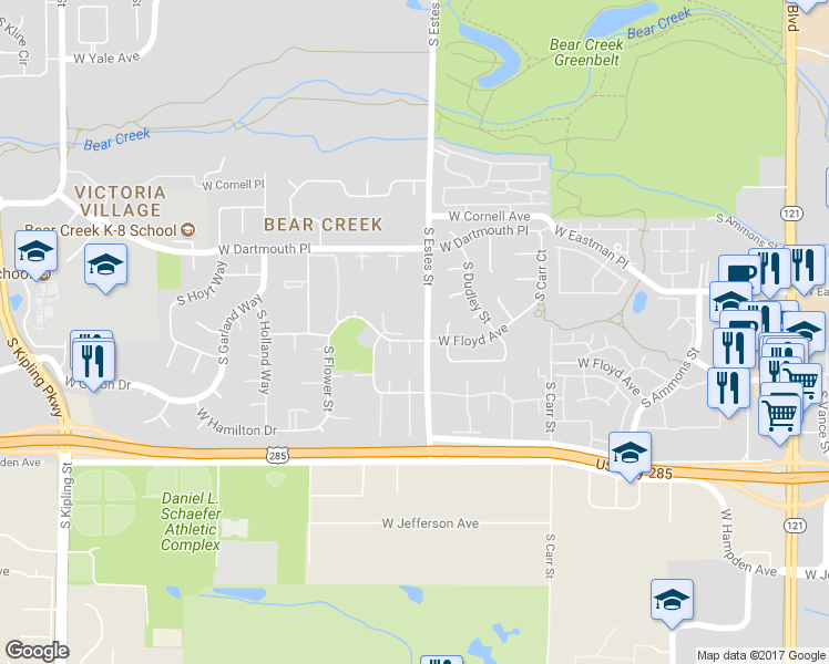 map of restaurants, bars, coffee shops, grocery stores, and more near 3289 South Estes Street in Lakewood
