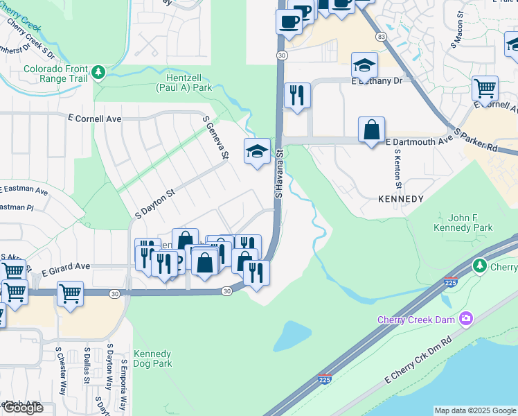 map of restaurants, bars, coffee shops, grocery stores, and more near 10225 East Girard Avenue in Denver
