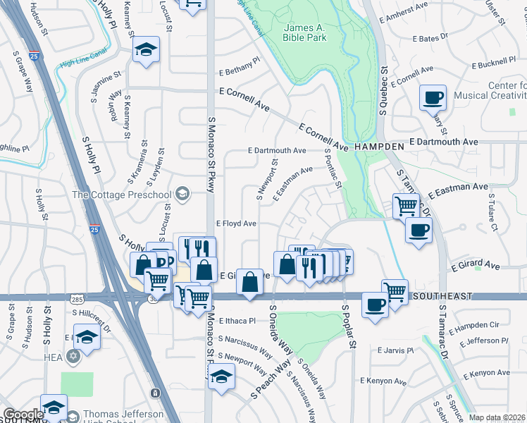 map of restaurants, bars, coffee shops, grocery stores, and more near 3285 South Newport Street in Denver