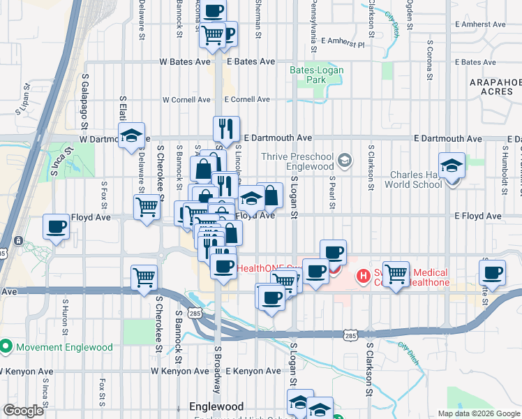 map of restaurants, bars, coffee shops, grocery stores, and more near 3296 South Sherman Street in Englewood