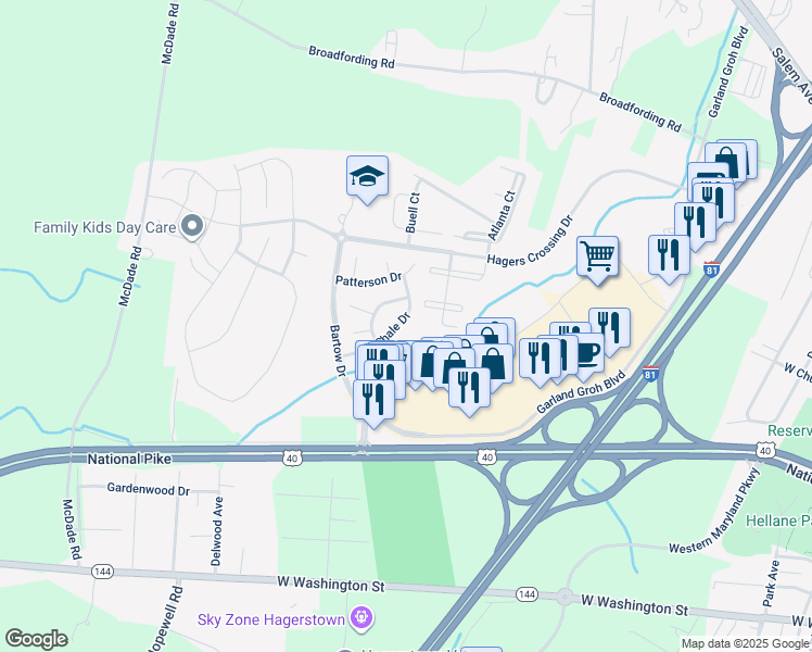 map of restaurants, bars, coffee shops, grocery stores, and more near 17545 Shale Drive in Hagerstown