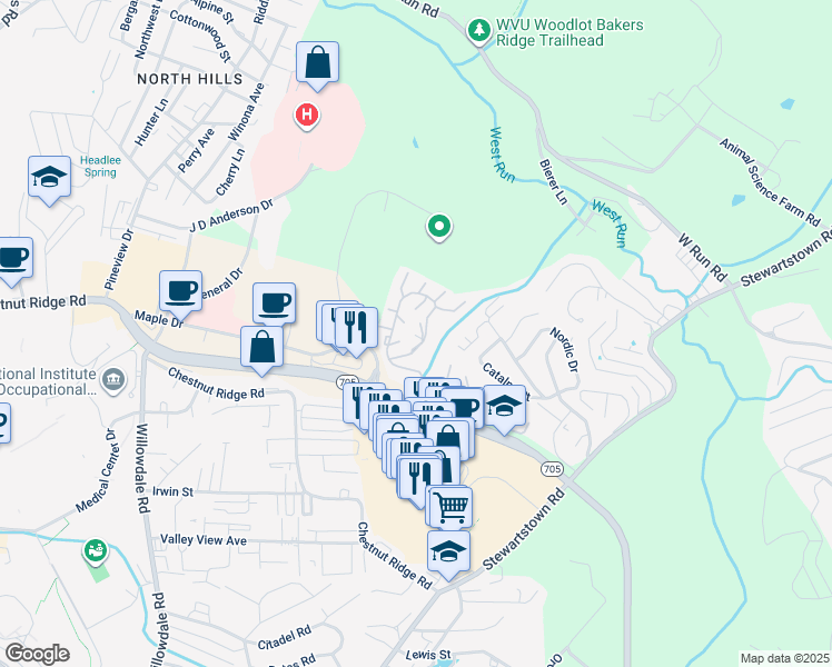 map of restaurants, bars, coffee shops, grocery stores, and more near 2524 Suncrest Village in Morgantown