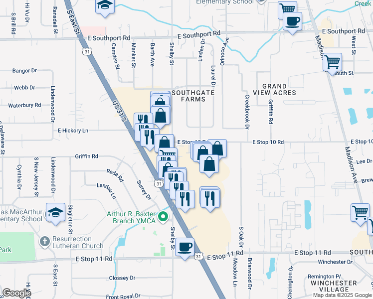 map of restaurants, bars, coffee shops, grocery stores, and more near 1195 Priority Place in Indianapolis