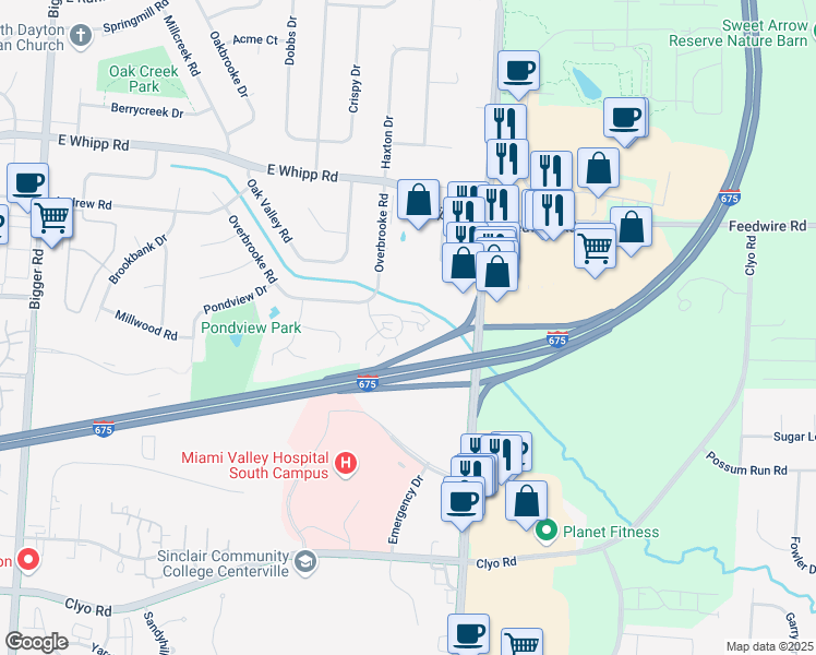 map of restaurants, bars, coffee shops, grocery stores, and more near 2654 South Kings Arms Circle in Dayton