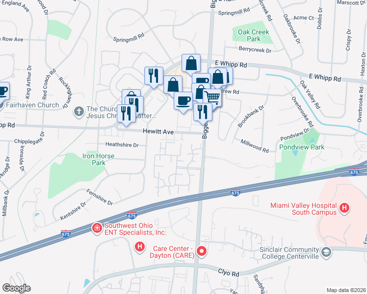 map of restaurants, bars, coffee shops, grocery stores, and more near 6060 Hackamore Trail in Centerville