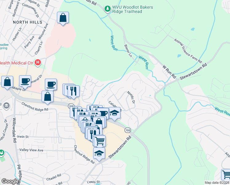 map of restaurants, bars, coffee shops, grocery stores, and more near 55 Woodcrest Drive in Morgantown