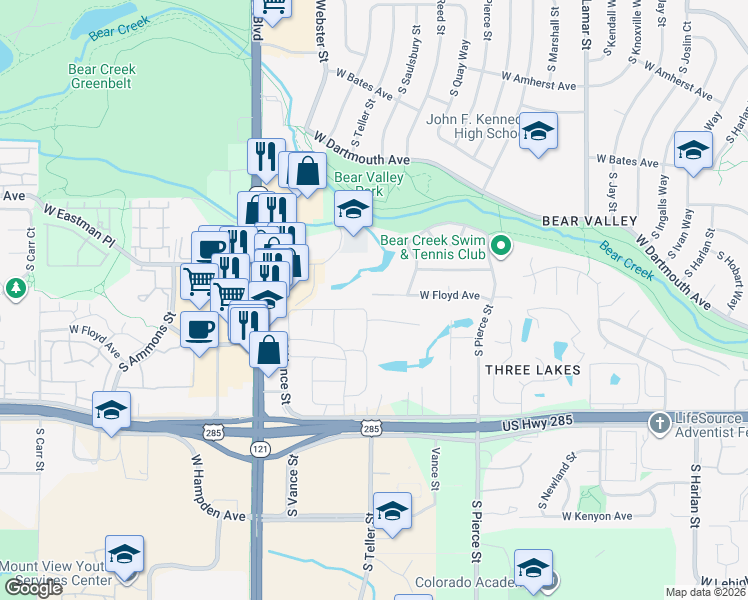 map of restaurants, bars, coffee shops, grocery stores, and more near 7190 West Floyd Avenue in Lakewood
