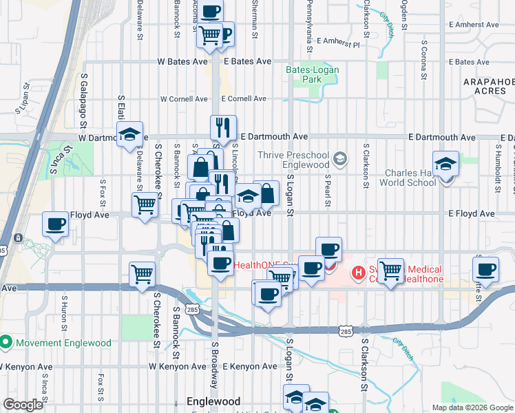 map of restaurants, bars, coffee shops, grocery stores, and more near 3296 South Sherman Street in Englewood