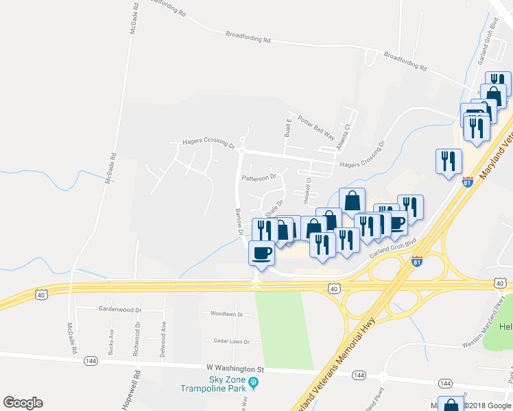 map of restaurants, bars, coffee shops, grocery stores, and more near 12406 Beachley Drive in Hagerstown