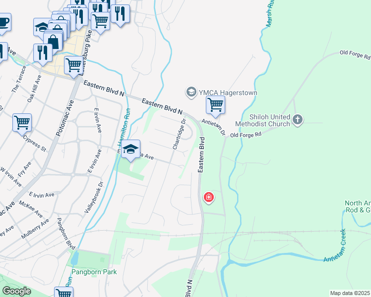 map of restaurants, bars, coffee shops, grocery stores, and more near 408 Kingswood Terrace in Hagerstown