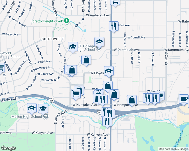 map of restaurants, bars, coffee shops, grocery stores, and more near 3050 West Floyd Avenue in Englewood
