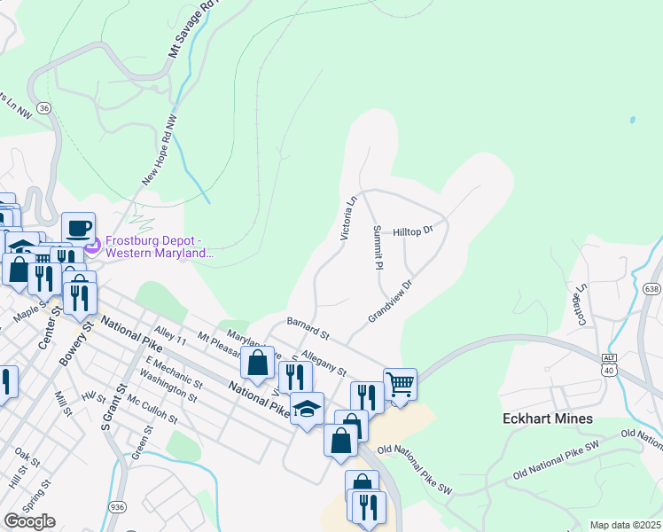 map of restaurants, bars, coffee shops, grocery stores, and more near 72 Victoria Lane in Frostburg