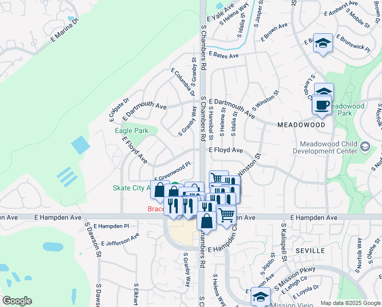 map of restaurants, bars, coffee shops, grocery stores, and more near 15198 East Floyd Avenue in Aurora