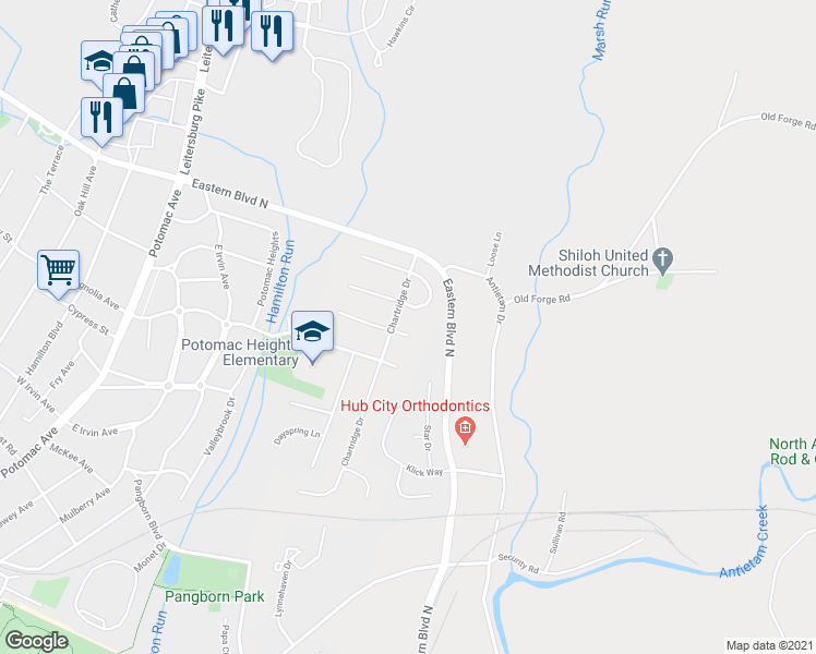 map of restaurants, bars, coffee shops, grocery stores, and more near 404 Kingswood Terrace in Hagerstown