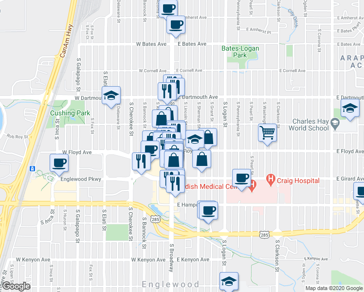 map of restaurants, bars, coffee shops, grocery stores, and more near 3277 S Lincoln St in Englewood