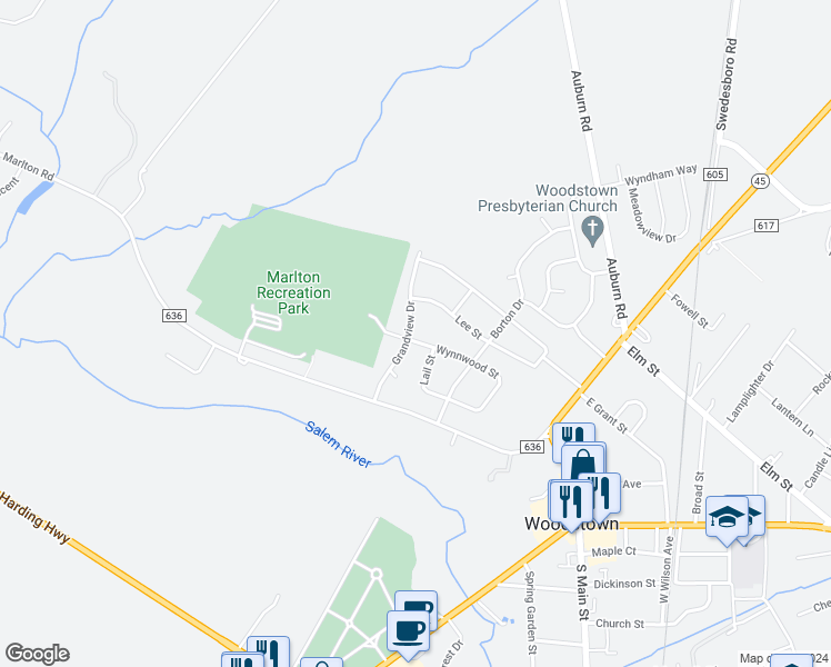 map of restaurants, bars, coffee shops, grocery stores, and more near 101 Grandview Drive in Pilesgrove