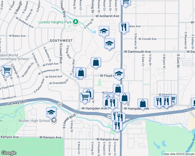 map of restaurants, bars, coffee shops, grocery stores, and more near 3150 West Floyd Avenue in Englewood