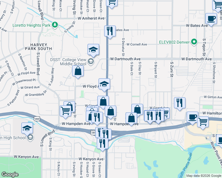 map of restaurants, bars, coffee shops, grocery stores, and more near 2885 West Floyd Avenue in Denver