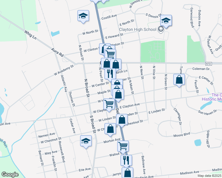 map of restaurants, bars, coffee shops, grocery stores, and more near 200 North Delsea Drive in Clayton