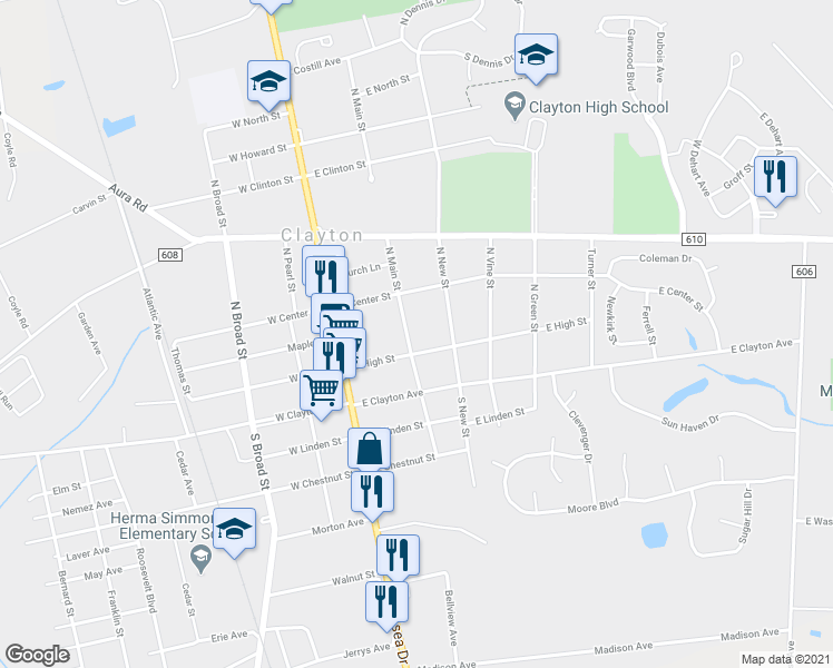 map of restaurants, bars, coffee shops, grocery stores, and more near 117 N Main St in Clayton