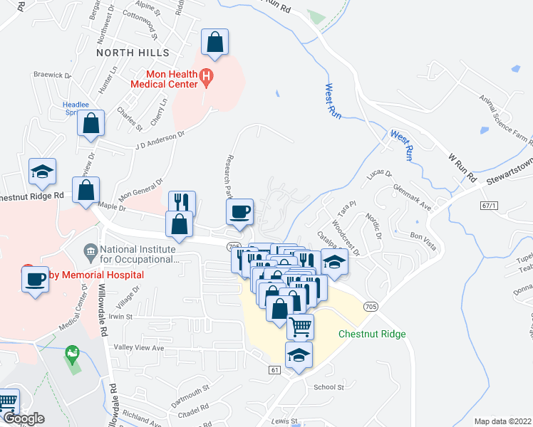 map of restaurants, bars, coffee shops, grocery stores, and more near 1416 Townhouse Way in Morgantown