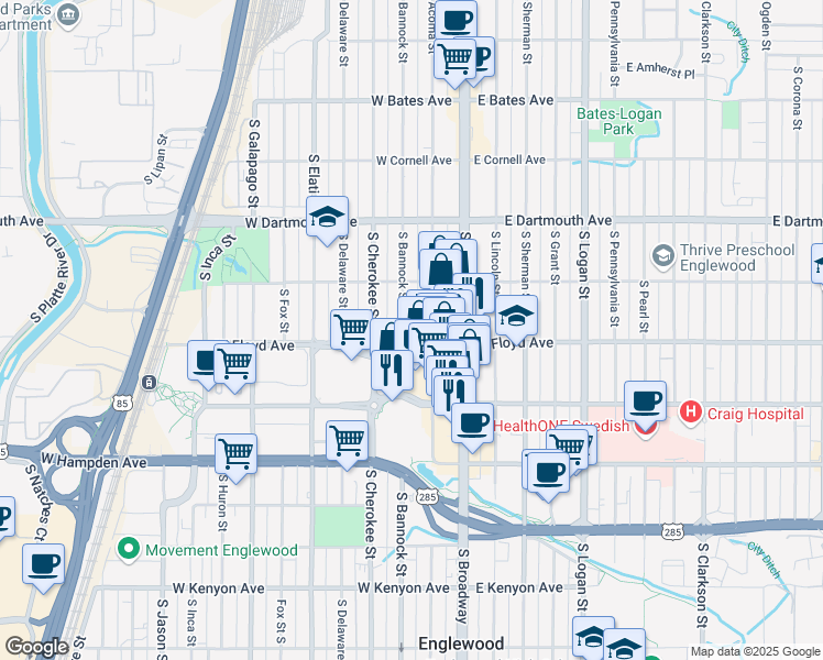 map of restaurants, bars, coffee shops, grocery stores, and more near 3270 South Bannock Street in Englewood