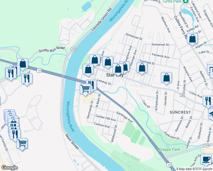 map of restaurants, bars, coffee shops, grocery stores, and more near 339 Broadway Avenue in Morgantown